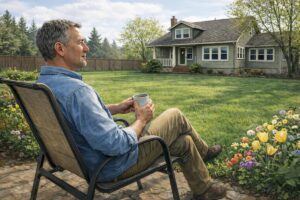 Homeowner in Oregon enjoying a healthy spring yard after addressing winter drainage and grading issues.