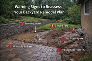 Warning signs of a backyard remodel planned in the wrong order, including drainage, grading, and unstable soil issues in Oregon