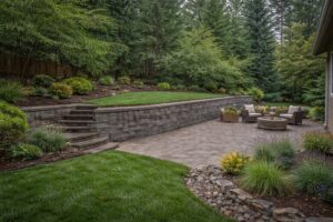 Backyard retaining wall creating a level outdoor living space on a sloped yard in Salem Oregon