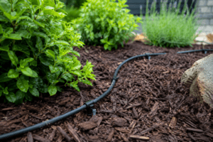 Drip irrigation tubing installed near landscaped shrubs in Salem, Oregon