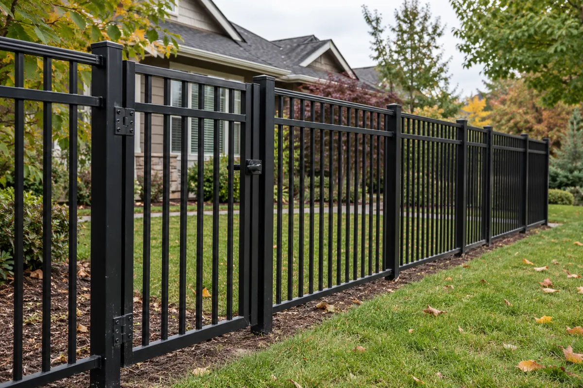 Black metal picket fence and matching pedestrian gate beside an Oregon-style home