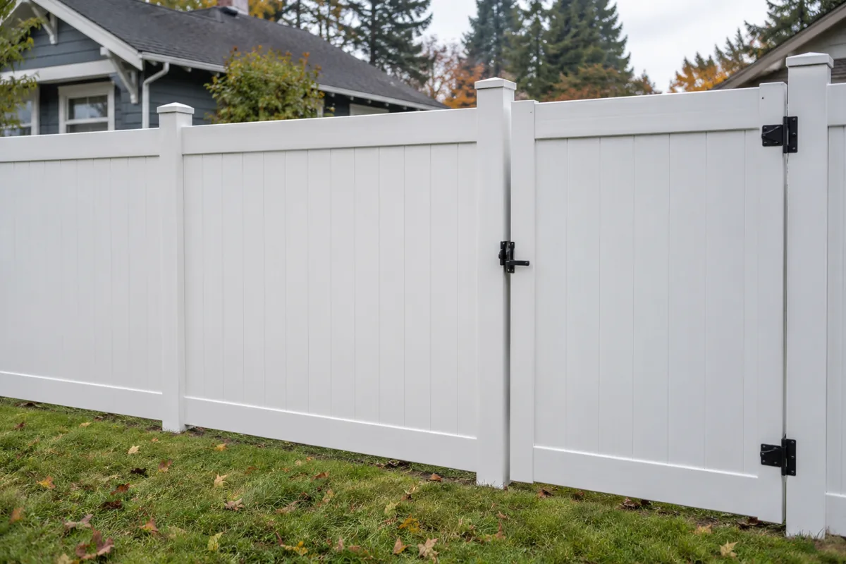 White vinyl privacy fence with capped posts and a matching pedestrian gate