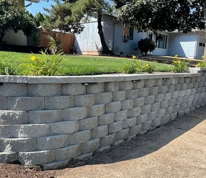 Curved block retaining wall separating a lawn from a lower paved area