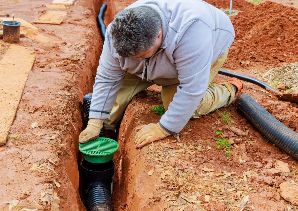 Installer positioning a drainage connection in an open trench
