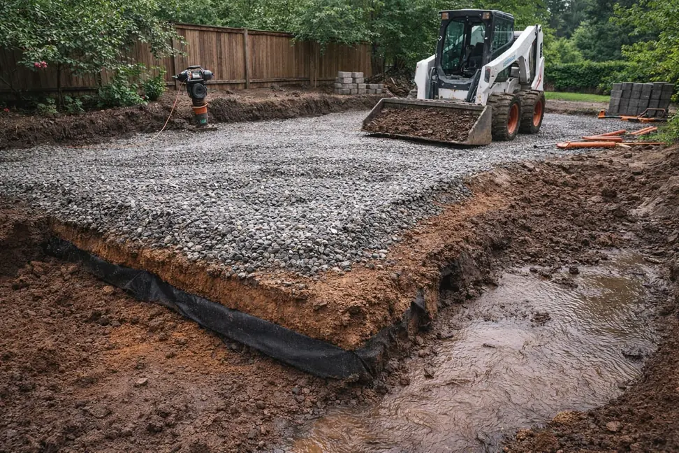 Aggregate base being prepared for a backyard paver patio