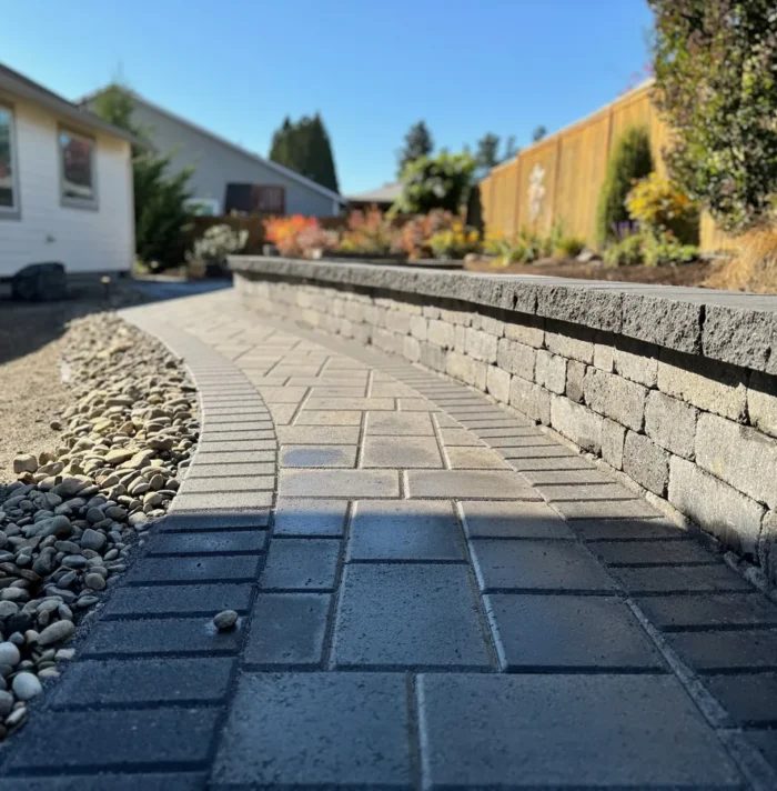 Paver walkway running beside a block retaining wall and gravel border