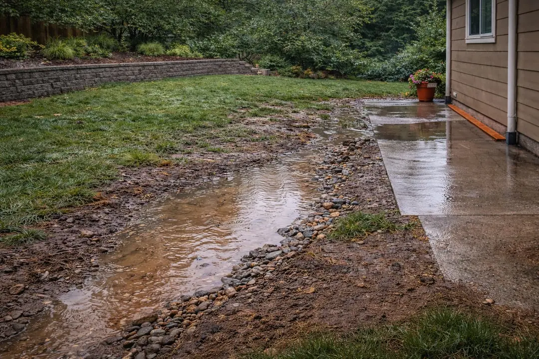 Standing water collecting in a low area beside a home's paved edge