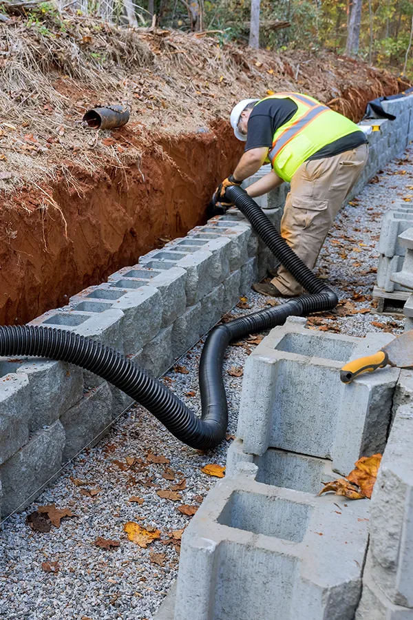 Drainage pipe and gravel being installed behind a block retaining wall