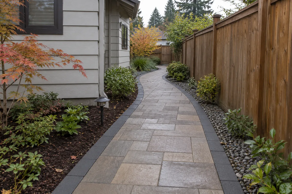 Curved paver walkway continuing around a house beside a wood fence and planting beds