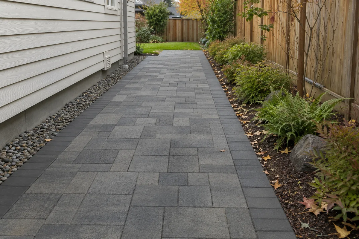 Gray paver side yard walkway with a dark border beside a house and fern bed