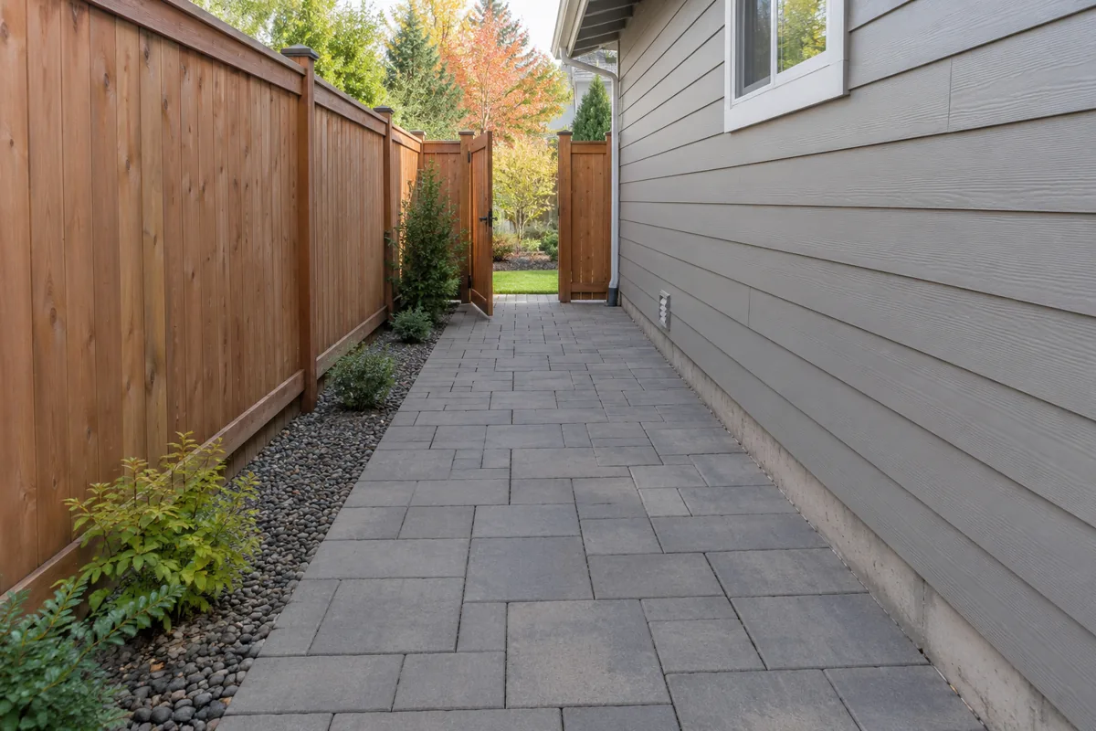 Gray paver walkway connecting a narrow side yard to an open wood gate